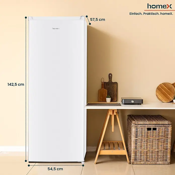 homeX Tiefkühlschrank FS1682E-W - Nutzinhalt Gesamt: 168 l, 57,5 cm x 545 mm x 1.425 mm, Weiß