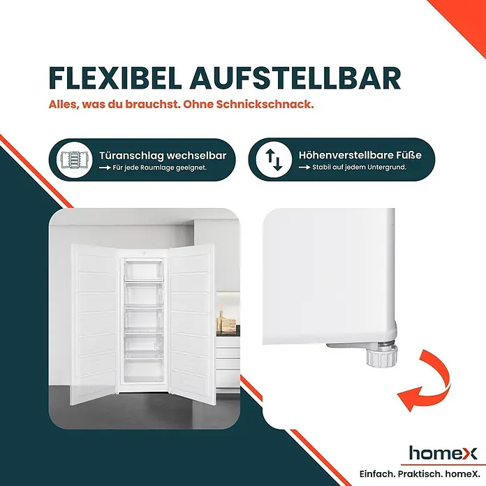 homeX Tiefkühlschrank FS1682E-W - Nutzinhalt Gesamt: 168 l, 57,5 cm x 545 mm x 1.425 mm, Weiß