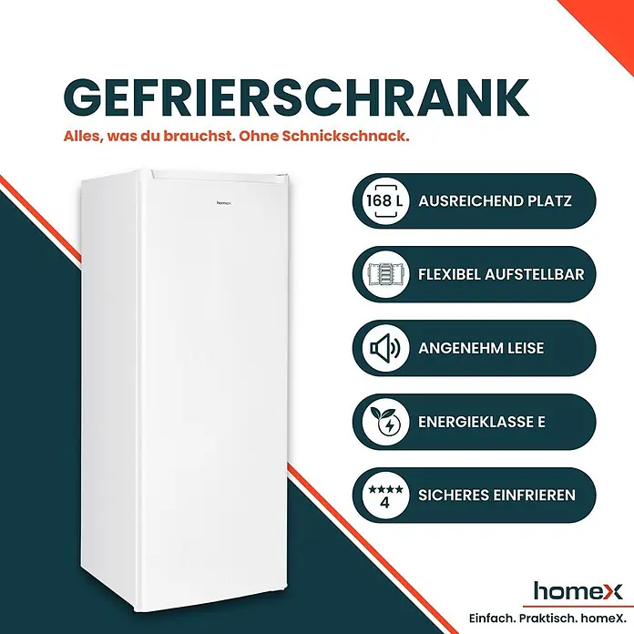 homeX Tiefkühlschrank FS1682E-W - Nutzinhalt Gesamt: 168 l, 57,5 cm x 545 mm x 1.425 mm, Weiß