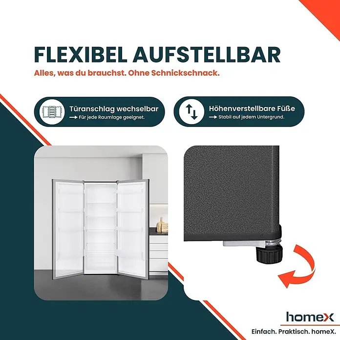 homeX Vollraumkühlschrank CS2422E-S - Nutzinhalt Gesamt: 242 l, 55,5 cm x 545 mm x 1.430 mm, Schwarz