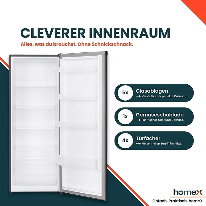 homeX Vollraumkühlschrank CS2422E-S - Nutzinhalt Gesamt: 242 l, 55,5 cm x 545 mm x 1.430 mm, Schwarz