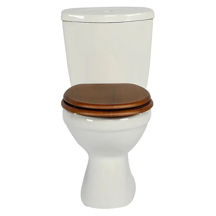SAINOS WC-Sitz MDF WC-Sitz, Braun, Universal-O-Form, Absenkautomatik, Unten - MDF, Braun, Mit Absenkautomatik - Weiße Keramiktoilette mit geschlossenem braunen Holz-Sitz und Deckel.