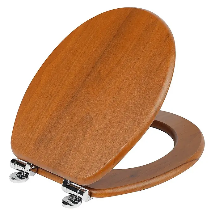 SAINOS WC-Sitz MDF WC-Sitz, Braun, Universal-O-Form, Absenkautomatik, Unten - MDF, Braun, Mit Absenkautomatik - Brauner Holz-Toilettensitz mit Chromscharnieren, Deckel leicht geöffnet.