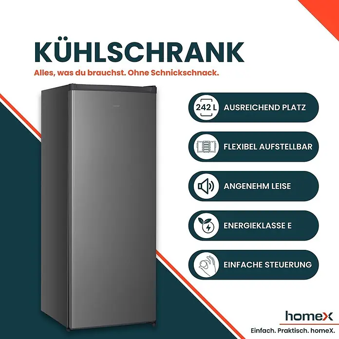 homeX Vollraumkühlschrank CS2422E-S - Nutzinhalt Gesamt: 242 l, 55,5 cm x 545 mm x 1.430 mm, Schwarz