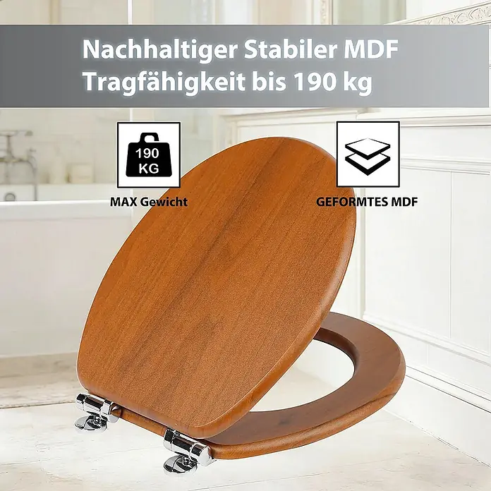 SAINOS WC-Sitz MDF WC-Sitz, Braun, Universal-O-Form, Absenkautomatik, Unten - MDF, Braun, Mit Absenkautomatik - Hölzerner MDF-Toilettensitz im Badezimmer, der seine Tragfähigkeit von 190 kg und stabile, geformte MDF-Konstruktion hervorhebt.