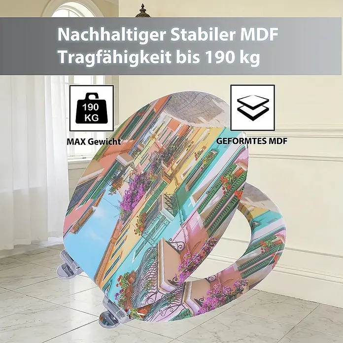 SAINOS WC-Sitz MDF WC-Sitz, Mehrfarbig, Universal-O-Form, Absenkautomatik, Unten - MDF, Mehrfarbig, Mit Absenkautomatik
