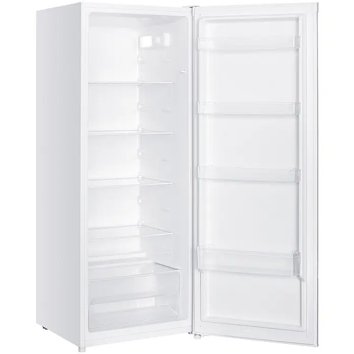 homeX Vollraumkühlschrank CS2422E-W - Nutzinhalt Gesamt: 242 l, 55,5 cm x 545 mm x 143 mm, Weiß - Weißer Standkühlschrank mit offener Tür, zeigt transparente Innenablagen und Türfächer.