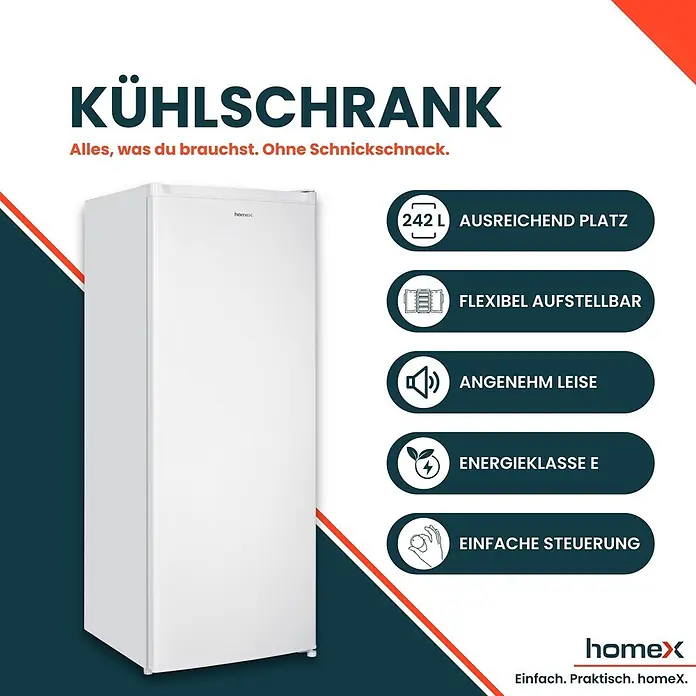 homeX Vollraumkühlschrank CS2422E-W - Nutzinhalt Gesamt: 242 l, 55,5 cm x 545 mm x 143 mm, Weiß - Weißer Homex Kühlschrank mit 242 L Fassungsvermögen, Energieklasse E und fünf zusätzlichen Merkmalen.
