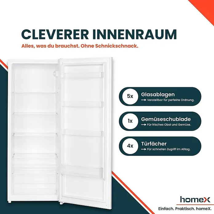 homeX Vollraumkühlschrank CS2422E-W - Nutzinhalt Gesamt: 242 l, 55,5 cm x 545 mm x 143 mm, Weiß - Weißer Kühlschrank-Innenraum mit offenen Türen, fünf Glasablagen, einer Gemüseschublade und vier Türfächern.