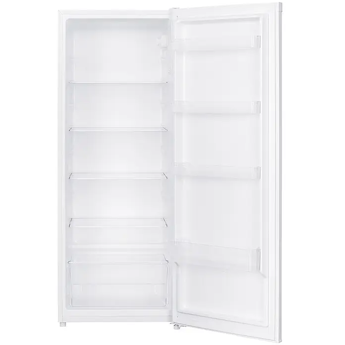 homeX Vollraumkühlschrank CS2422E-W - Nutzinhalt Gesamt: 242 l, 55,5 cm x 545 mm x 143 mm, Weiß - Offener weißer Kühlschrank mit transparenten Ablagen und Schubladen.
