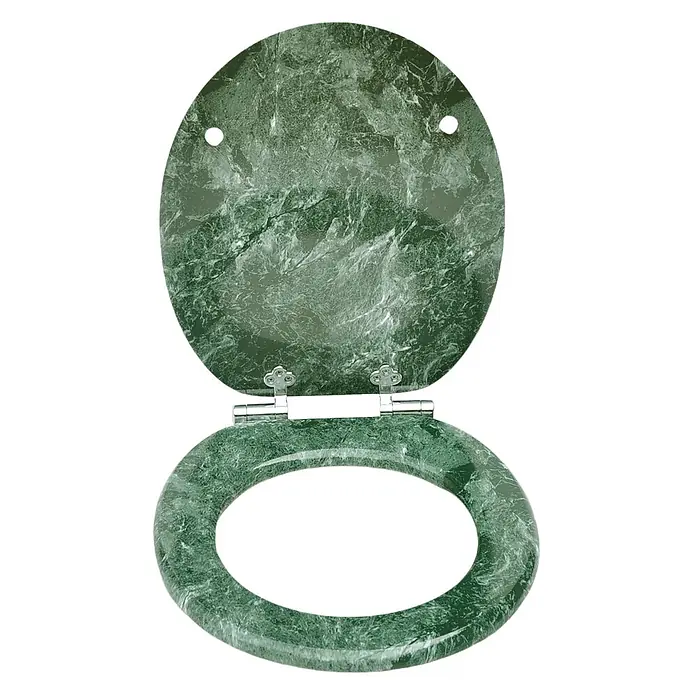 SAINOS WC-Sitz MDF WC-Sitz, Grün, Universal-O-Form, Absenkautomatik, Unten - MDF, Grün, Mit Absenkautomatik - Offener Toilettensitz und Deckel aus grünem Marmor mit Natursteintextur.