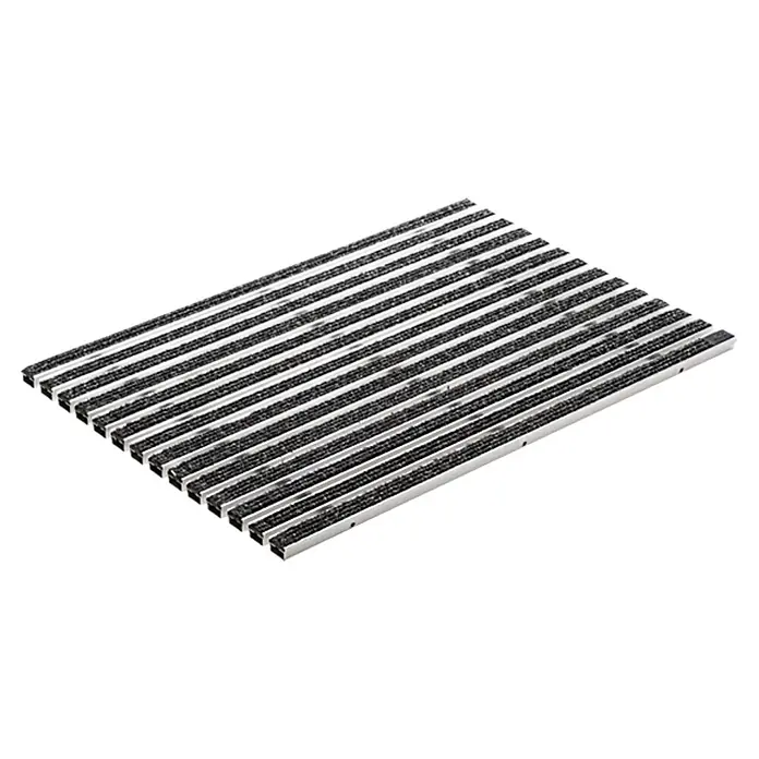ACO Vario Fußmatte - L x B x H: 60 x 40 x 2 cm, Anthrazit - Die Abbildung zeigt eine rechteckige Fußmatte mit abwechselnden schwarzen und silbernen Streifen für den Innenbereich.