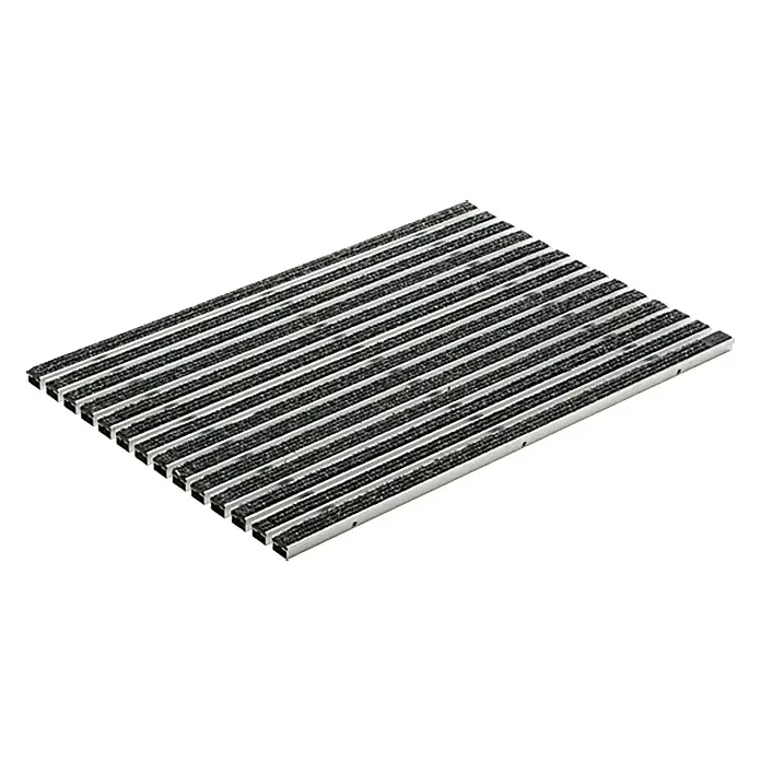 ACO Vario Fußmatte - L x B x H: 60 x 40 x 2 cm, Anthrazit - Die Abbildung zeigt eine rechteckige Fußmatte mit abwechselnden schwarzen und silbernen Streifen für den Innenbereich.