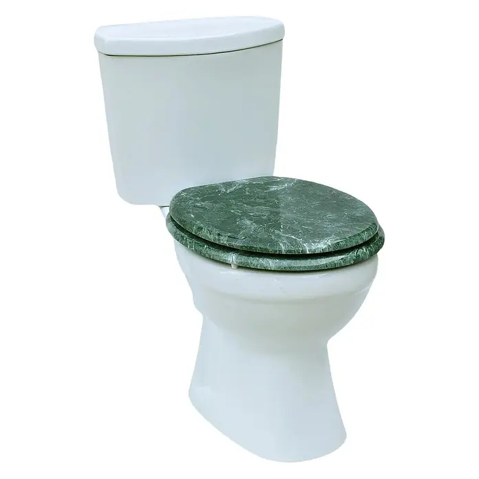 SAINOS WC-Sitz MDF WC-Sitz, Grün, Universal-O-Form, Absenkautomatik, Unten - MDF, Grün, Mit Absenkautomatik - Weiße Toilette mit grünem Marmor-Toilettensitz.