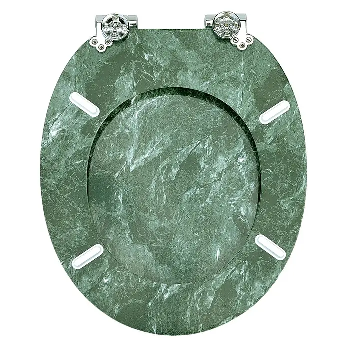 SAINOS WC-Sitz MDF WC-Sitz, Grün, Universal-O-Form, Absenkautomatik, Unten - MDF, Grün, Mit Absenkautomatik - Grüne Marmor-Toilettenbrille mit Chromscharnieren und weißen Gummipuffern.