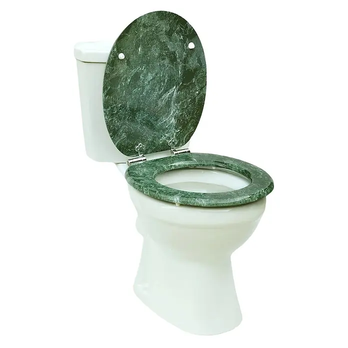 SAINOS WC-Sitz MDF WC-Sitz, Grün, Universal-O-Form, Absenkautomatik, Unten - MDF, Grün, Mit Absenkautomatik - Weiße Toilette mit grünem Marmorsitz und -deckel, beide geöffnet.