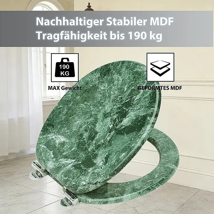 SAINOS WC-Sitz MDF WC-Sitz, Grün, Universal-O-Form, Absenkautomatik, Unten - MDF, Grün, Mit Absenkautomatik - Grüner Marmor-Effekt MDF Toilettensitz, stabil und langlebig.