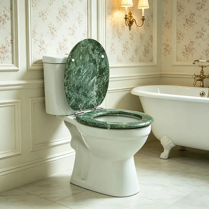 SAINOS WC-Sitz MDF WC-Sitz, Grün, Universal-O-Form, Absenkautomatik, Unten - MDF, Grün, Mit Absenkautomatik - Weiße Toilette mit offenem grünem Marmor-Muster Sitz und Deckel.