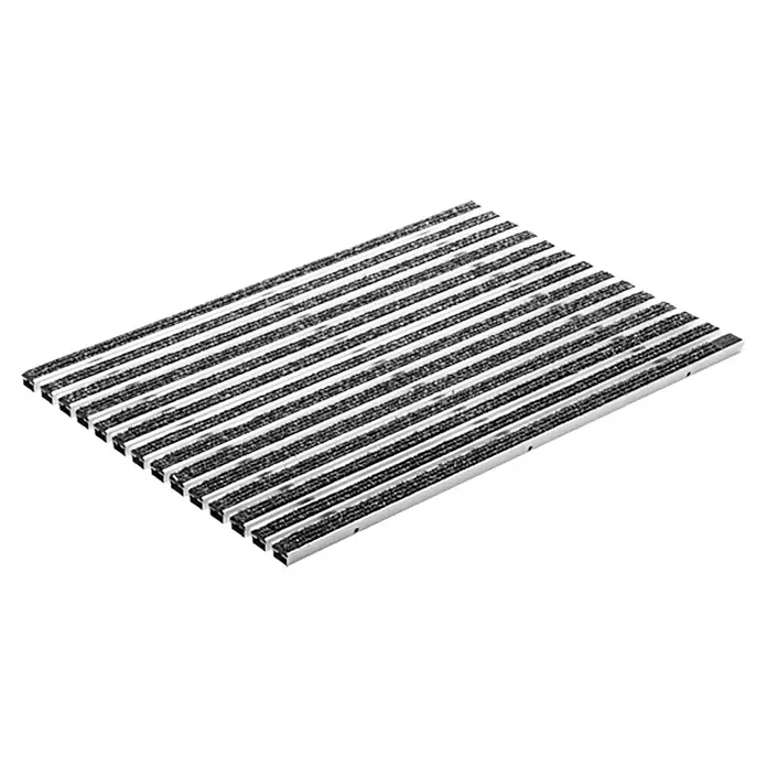 ACO Vario Fußmatte - L x B x H: 75 x 50 x 2 cm, Anthrazit - Eine Fußmatte mit dunklen Streifen und silberfarbenen Einfassungen, ideal für den Eingangsbereich, um Schmutz und Nässe zu reduzieren.
