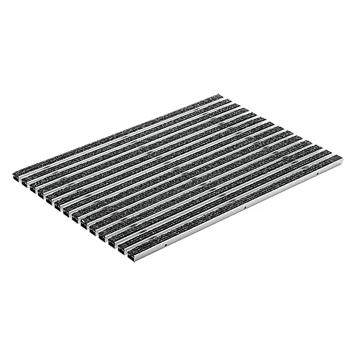 ACO Vario Fußmatte - L x B x H: 75 x 50 x 2 cm, Anthrazit - Eine Fußmatte mit dunklen Streifen und silberfarbenen Einfassungen, ideal für den Eingangsbereich, um Schmutz und Nässe zu reduzieren.