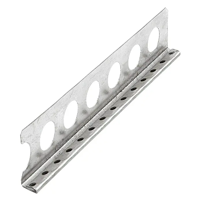 Catnic Abschlussprofil - 2,5 m x 35 mm x 12,5 mm, Stahl - Nahaufnahme einer Metallecke mit Löchern zur Verstärkung von Putz und Gipskartonplatten. Ideal für robuste Kanten.