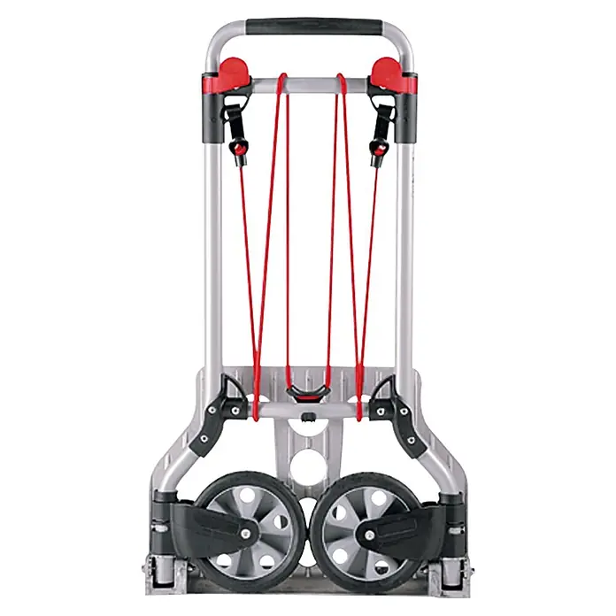 Wolfcraft Transportsystem TS 600 - 70 kg, Stufenlos höhenverstellbar - Eine zusammengeklappte, silberfarbene Sackkarre mit roten Spanngurten und schwarzen Rädern, die für den einfachen Transport von Lasten konzipiert ist.
