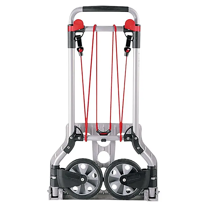 Wolfcraft Transportsystem TS 600 - 70 kg, Stufenlos höhenverstellbar - Eine zusammengeklappte, silberfarbene Sackkarre mit roten Spanngurten und schwarzen Rädern, die für den einfachen Transport von Lasten konzipiert ist.