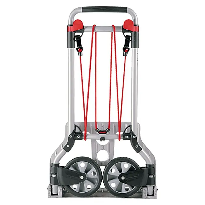 Wolfcraft Transportsystem TS 600 - 70 kg, Stufenlos höhenverstellbar - Eine zusammengeklappte, silberfarbene Sackkarre mit roten Spanngurten und schwarzen Rädern, die für den einfachen Transport von Lasten konzipiert ist.