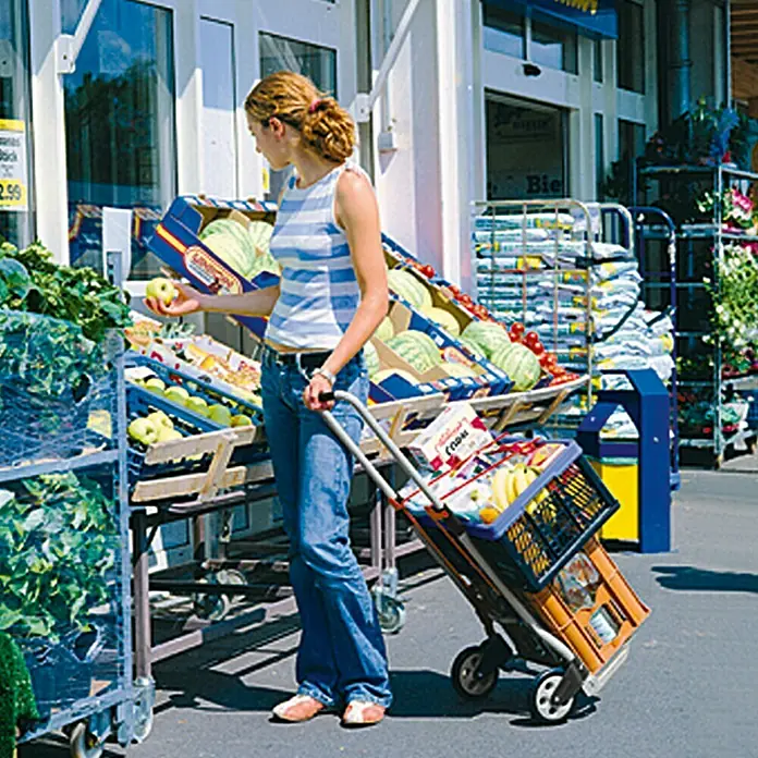 Wolfcraft Transportsystem TS 600 - 70 kg, Stufenlos höhenverstellbar - Frau mit Einkaufstrolley vor einem Laden. Der Trolley ist voll mit Lebensmitteln, darunter Obst und Gemüse.