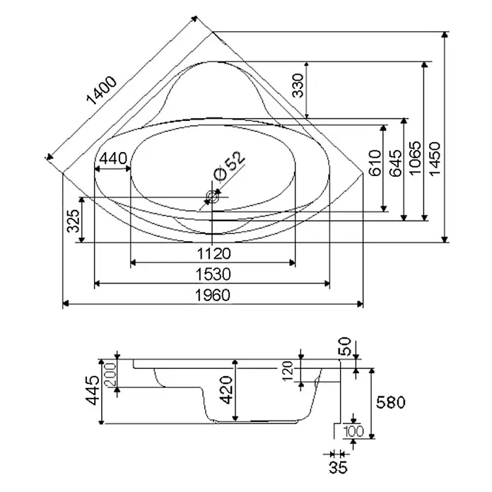 Interpromo Eckbadewanne Coralia Komplettset inkl. Fußgestell und Schürze 140 x 140 - L x B: 140 x 140 cm, Acryl, Weiß