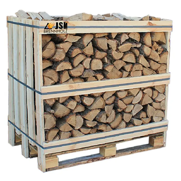 JSM Brennholz Kaminholz - Eiche, 25 cm - Gestapeltes Brennholz in einer Holzkiste auf einer Palette.