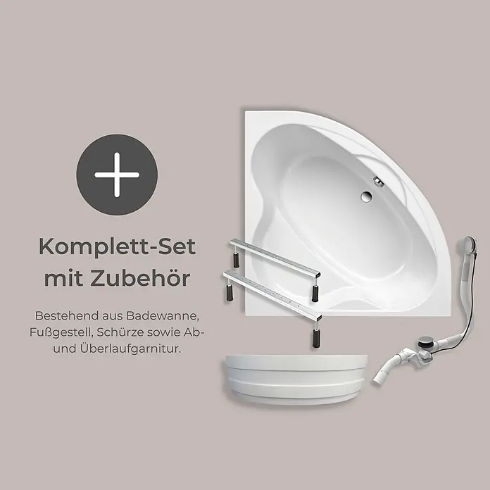 Interpromo Eckbadewanne Coralia Komplettset inkl. Fußgestell und Schürze 140 x 140 - L x B: 140 x 140 cm, Acryl, Weiß