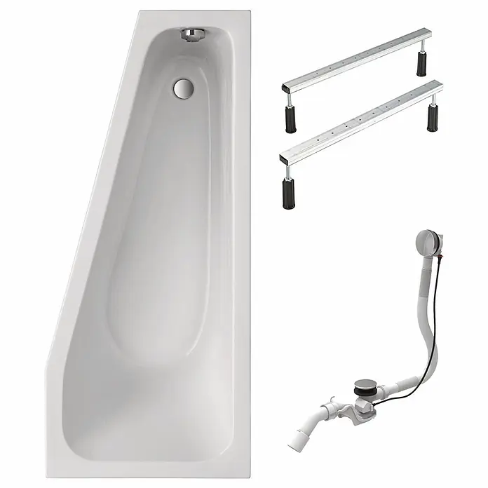Interpromo Raumsparbadewanne Riva Rechts Komplettset inkl. Fußgestell 170 x 75 - 170 x 75 cm, Acryl, Weiß, Rechts