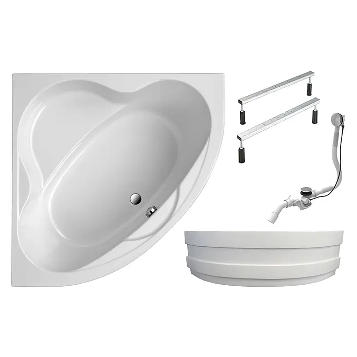 Interpromo Eckbadewanne Coralia Komplettset inkl. Fußgestell und Schürze 140 x 140 - L x B: 140 x 140 cm, Acryl, Weiß