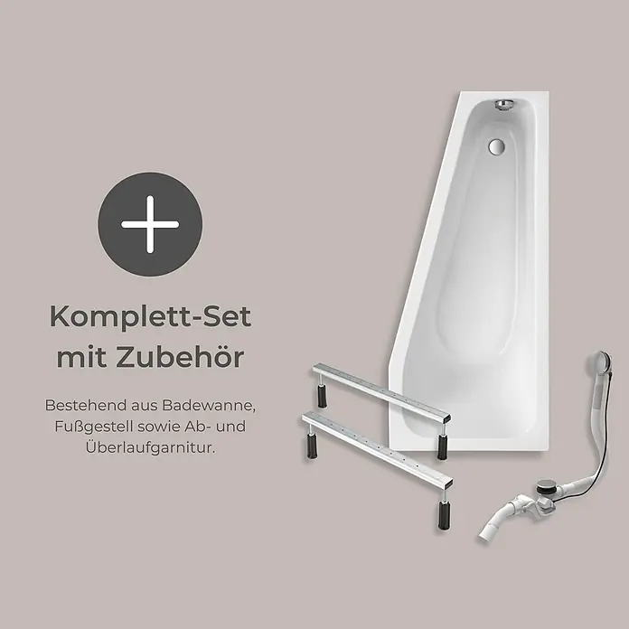 Interpromo Raumsparbadewanne Riva Rechts Komplettset inkl. Fußgestell 170 x 75 - 170 x 75 cm, Acryl, Weiß, Rechts