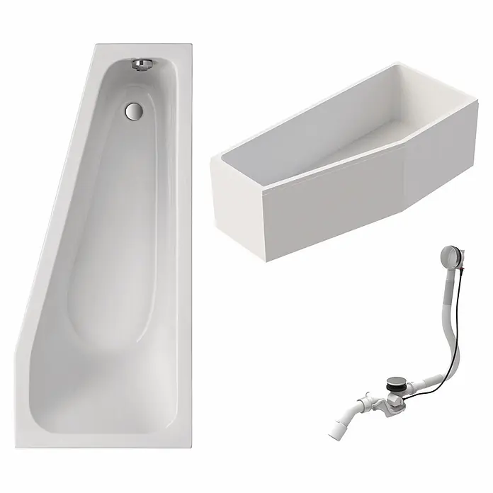 Interpromo Raumsparbadewanne Riva Rechts Komplettset inkl. Wannenträger 170 x 75 - 170 x 75 cm, Acryl, Weiß, Rechts