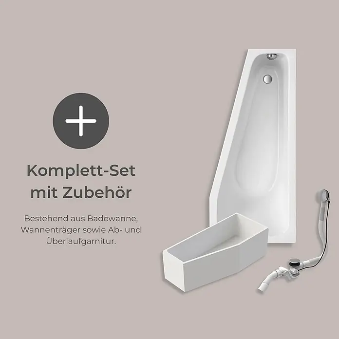 Interpromo Raumsparbadewanne Riva Rechts Komplettset inkl. Wannenträger 170 x 75 - 170 x 75 cm, Acryl, Weiß, Rechts