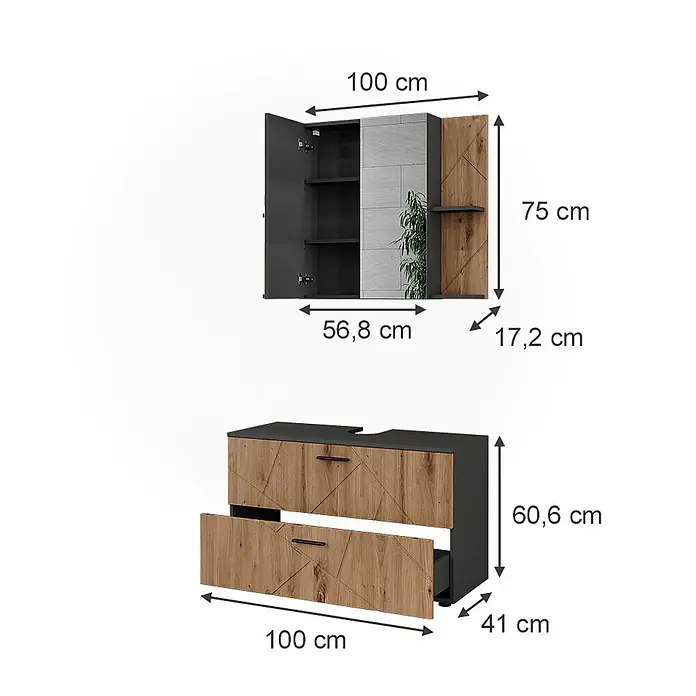 Vicco Badmöbel-Set Irma Anthrazit/Artisan 2 Teile - Anthrazit, Matt - Modernes graues und Holzmöbelset: Wandschrank mit Regalen, TV-Möbel mit Schubladen, mit geometrischen Mustern.