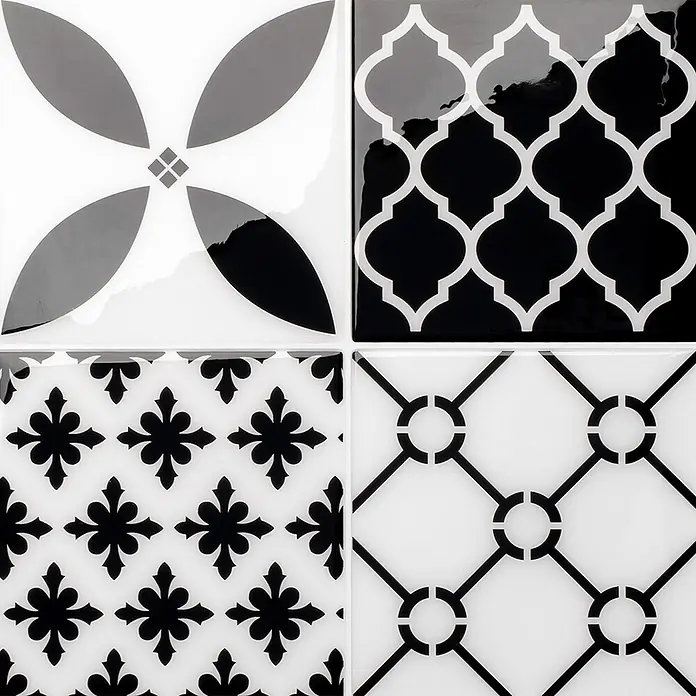 Smart Tiles Selbstklebemosaik Vintage - 22,86 x 22,86 cm, Bilbao, Glänzend - Vier glänzende schwarz-weiße Dekorfliesen mit verschiedenen geometrischen und floralen Mustern.