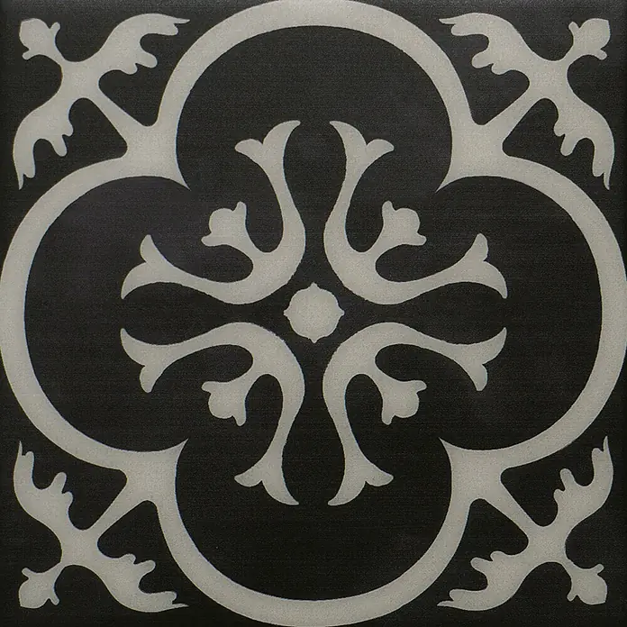 Smart Tiles Selbstklebemosaik Vintage - 19,69 x 19,69 cm, Girona Nera, Glänzend - Schwarz-hellgraue Dekorfliese mit einem kunstvollen, symmetrischen Muster.