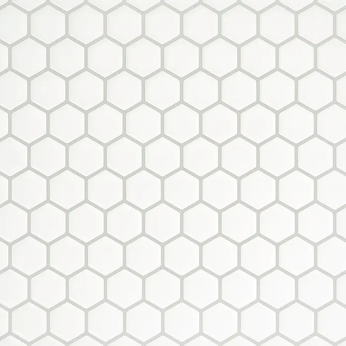 Smart Tiles Selbstklebemosaik Hexago - 24,46 x 28,6 cm, Weiss, Glänzend - Nahtloses Muster aus kleinen weißen sechseckigen Mosaikfliesen mit grauem Fugenmörtel.