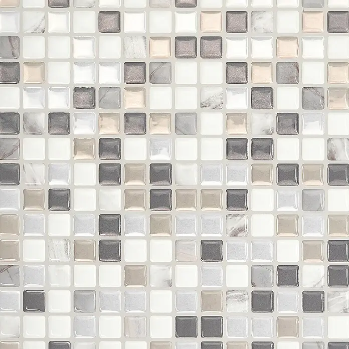 Smart Tiles Selbstklebemosaik Minimo - 29,34 x 24,48 cm, Noche, Glänzend - Glänzende Mosaikfliesen in Weiß-, Grau- und Beigetönen, teils mit Marmormuster, zur Wand- oder Bodenverkleidung.