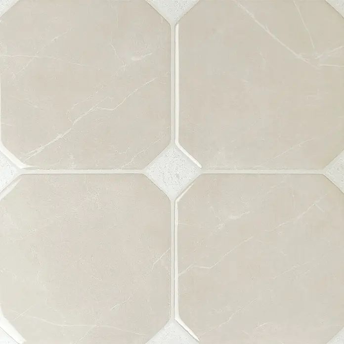 Smart Tiles Selbstklebemosaik Betera - 19,69 x 19,69 cm, Beige, Matt - Beige achteckige Fliesen mit subtiler Marmorierung, verbunden mit kleineren texturierten weißen Akzentfliesen.