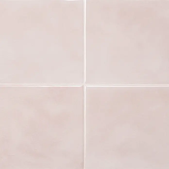 Smart Tiles Selbstklebemosaik Zellige - 22,86 x 22,86 cm, Temera, Glänzend - Hellrosa Fliesen mit weißer Fuge.