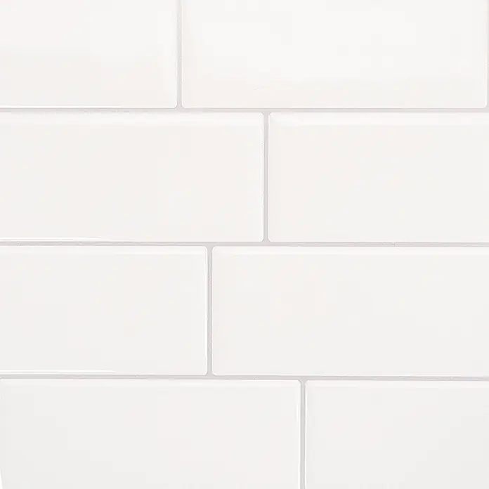 Smart Tiles Selbstklebemosaik Metro - 29,34 x 21,28 cm, Campagnola, Glänzend - Weiße, glänzende Metrofliesen mit hellgrauem Fugenmörtel im klassischen Ziegelmuster.