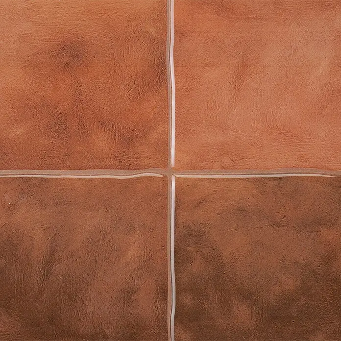 Smart Tiles Selbstklebemosaik Zellige - 22,86 x 22,86 cm, Safi, Glänzend - Rotbraune strukturierte quadratische Fliesen mit weißen Fugen.