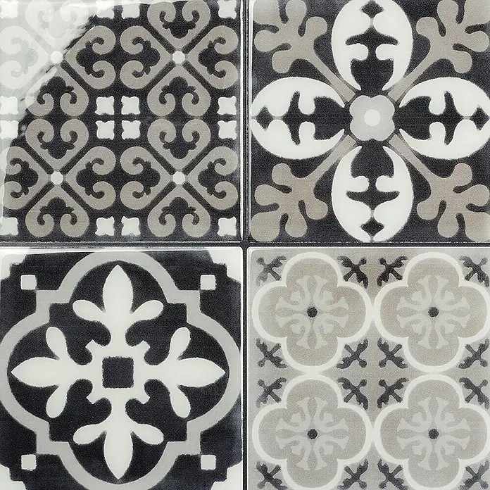 Smart Tiles Selbstklebemosaik Vintage - 22,86 x 22,86 cm, Arezzo, Glänzend - Schwarz-weiß-graue Keramikfliesen mit vier verschiedenen geometrischen und floralen Mustern.