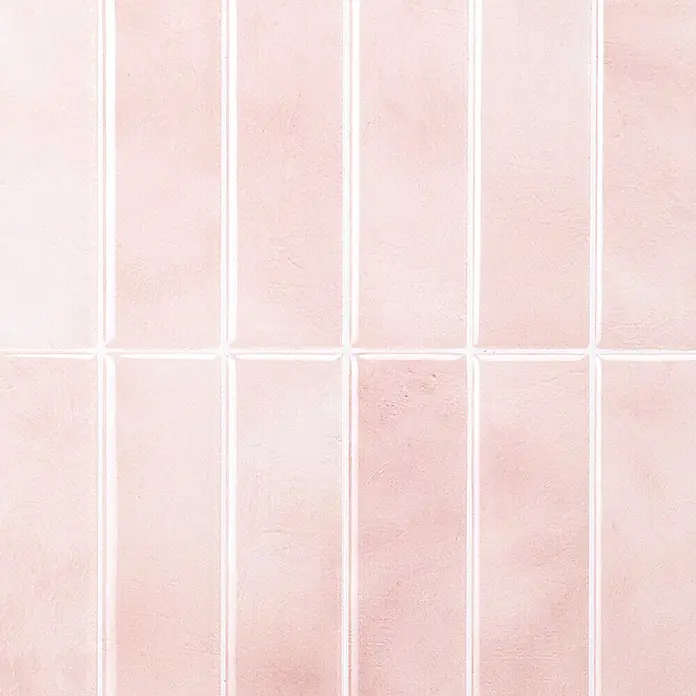 Smart Tiles Selbstklebemosaik Morocco - 29,02 x 22,86 cm, Rabat, Glänzend - Rosa rechteckige Keramikfliesen mit leichter Textur und weißen Fugen.