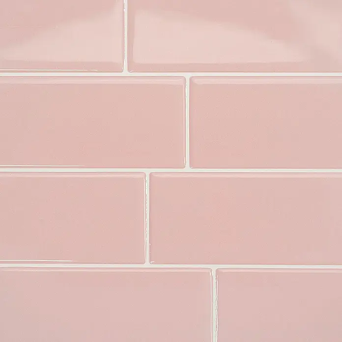 Smart Tiles Selbstklebemosaik Metro - 29,34 x 21,28 cm, Ava, Glänzend - Glänzende rosa Keramik-Metrofliesen mit weißen Fugen im Ziegelverband.