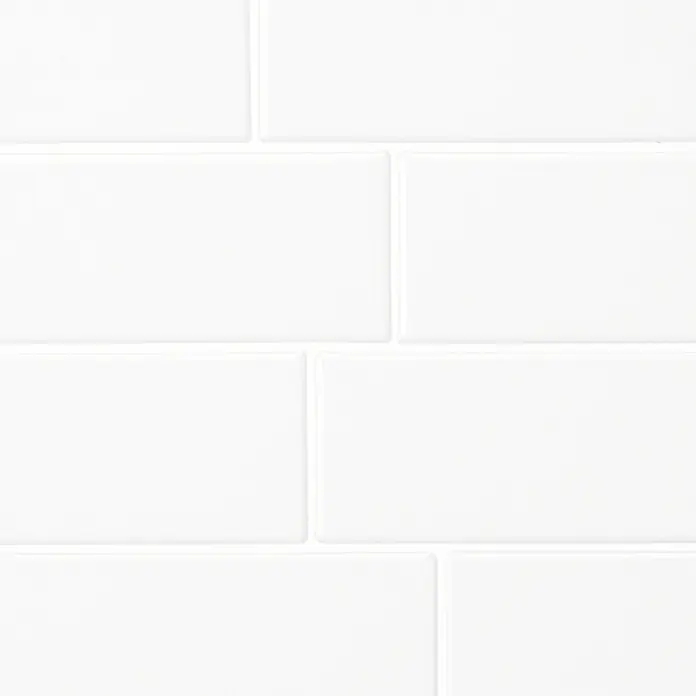 Smart Tiles Selbstklebemosaik Metro - 29,34 x 21,28 cm, Blanco, Glänzend - Weiße rechteckige U-Bahn-Fliesen in versetztem Muster.